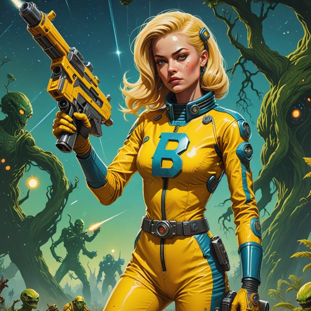 Retro Punk Space Girl Battles Alien Tree Monsters in Vibrant...