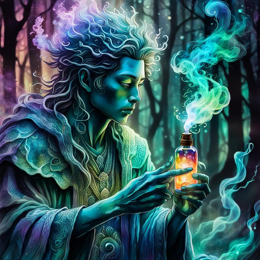 Mystical Being in Iridescent Forest with Alcohol Ink