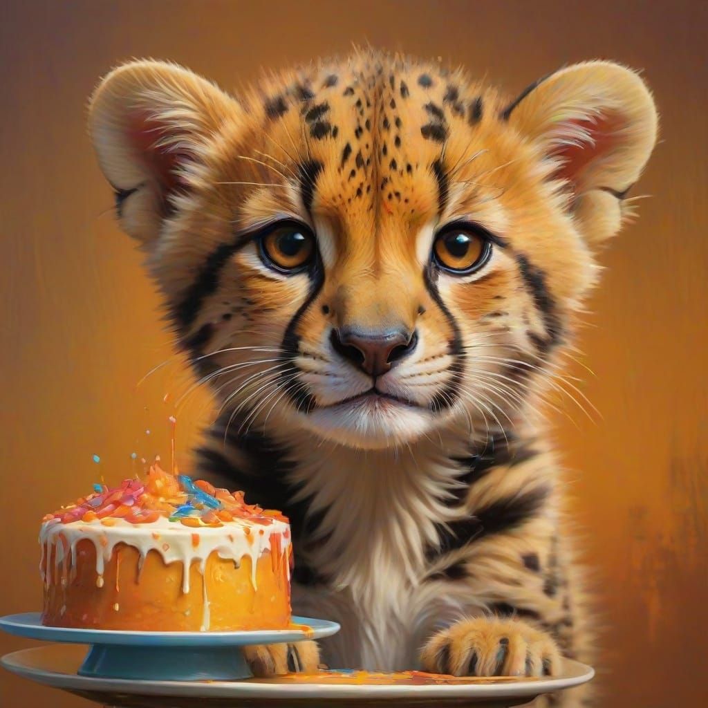 Cute Cheetah Cub Devours Birthday Cake in Whimsical Sunset S...