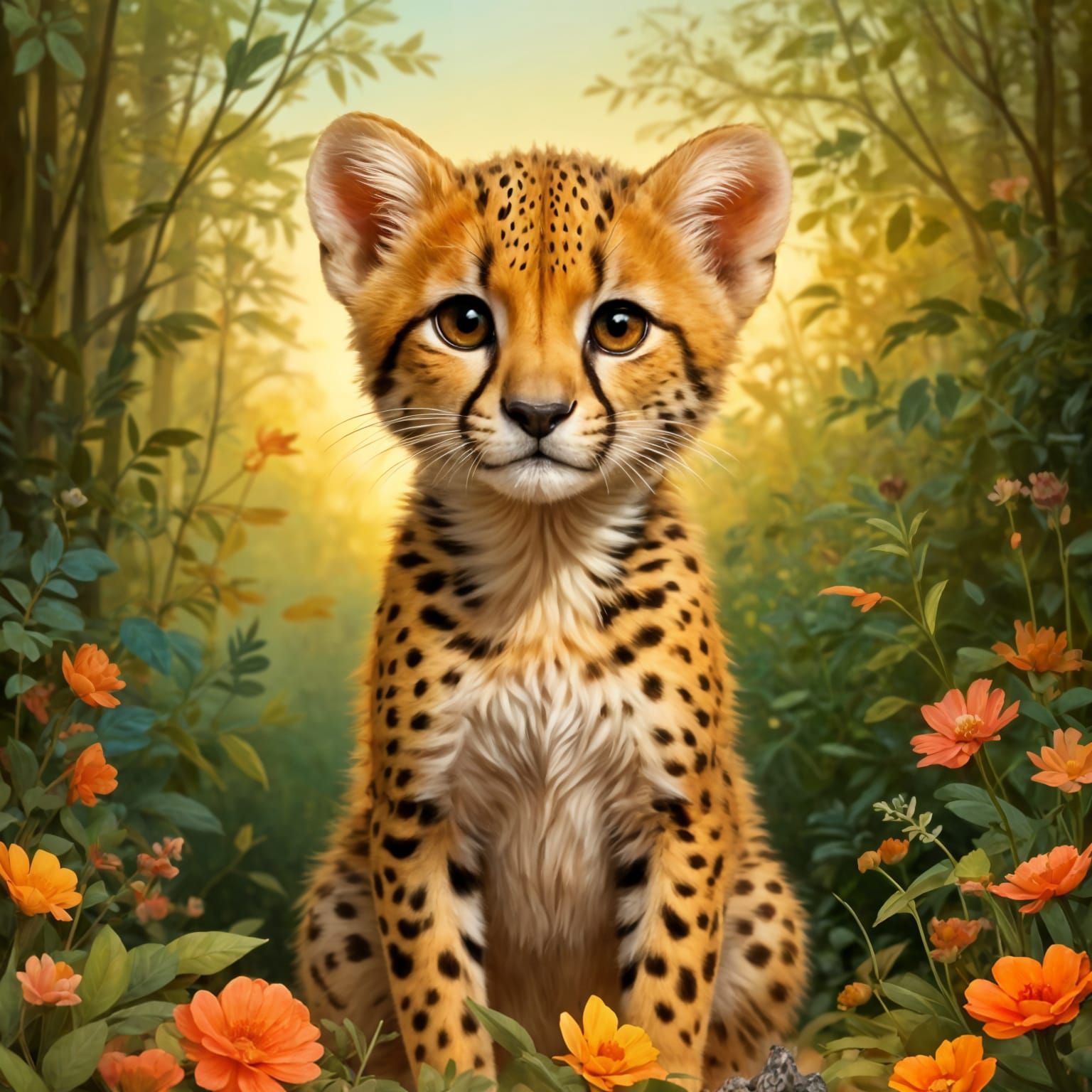 Whimsical Cheetah Cub in Sunset Glow