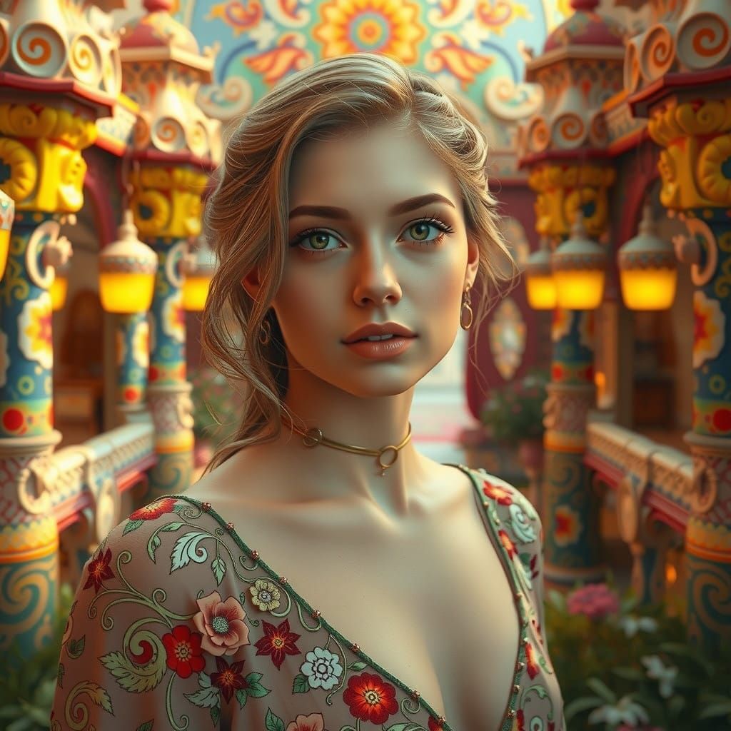 Confident Scarlet in Vibrant Gaudi-Inspired Garden