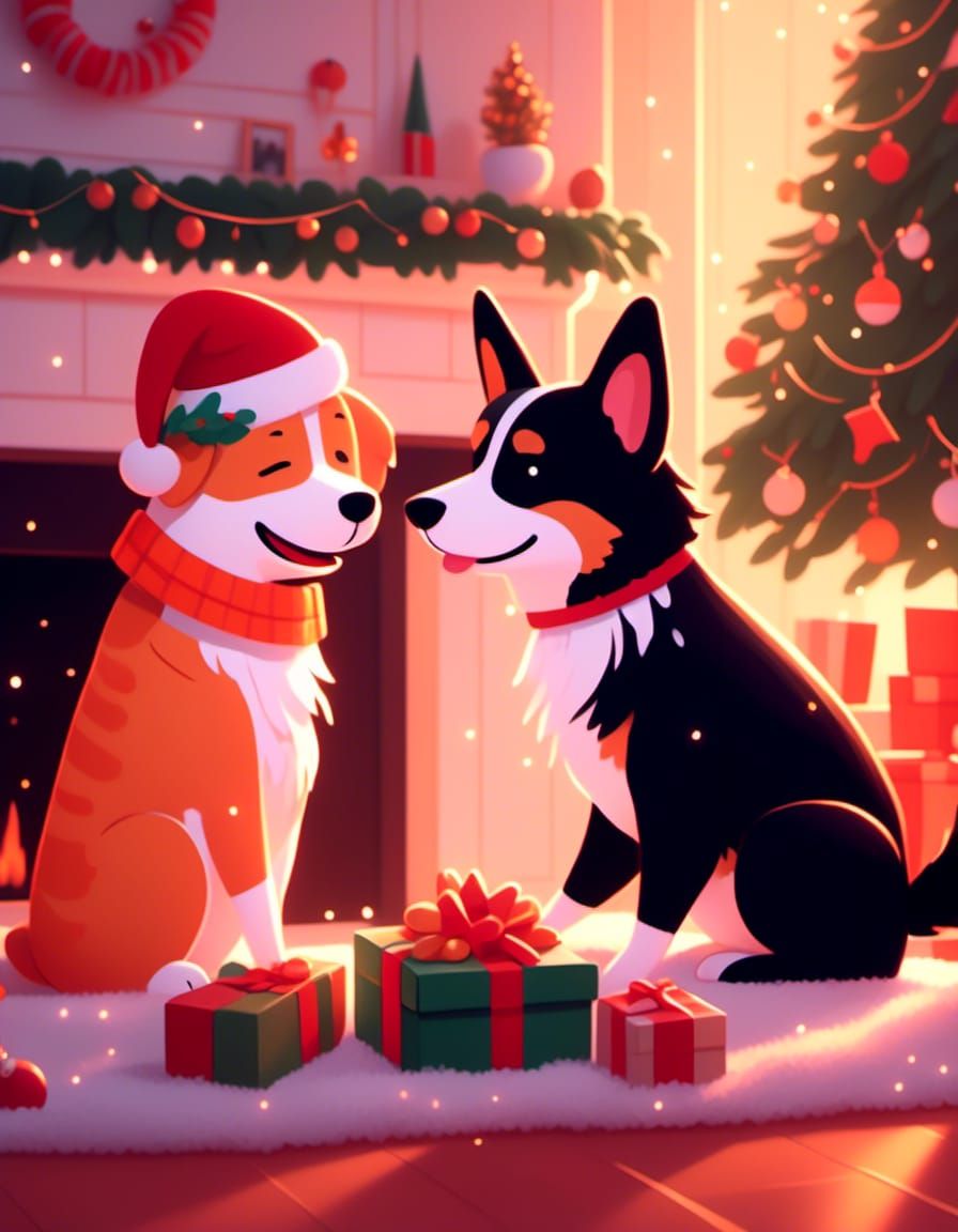 Festive Pets Exchanging Christmas Gifts