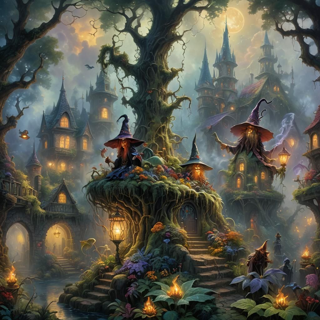 Fantasy Plant Witches and Demonic Wizards in Mist