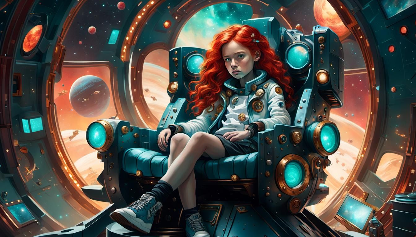 Girl on Biomechanical Throne in Stellar Observatory
