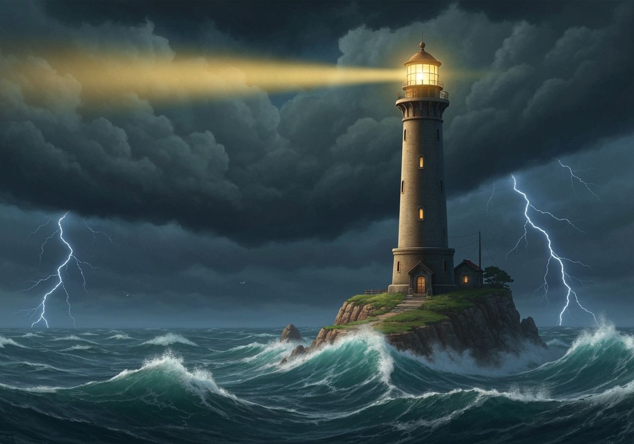 Lighthouse Beacon in Stormy Sea, Matte Painting Style