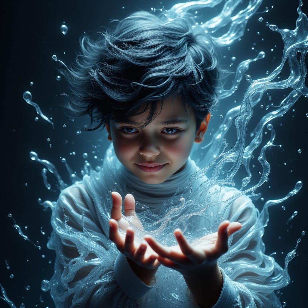 Ethereal Oil Painting of a Boy Summoning Water with Magical ...