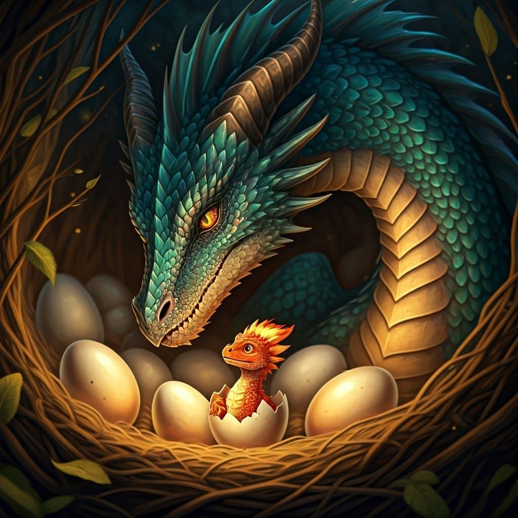 Dragon Mother and Hatchling in Fantasy Art Style