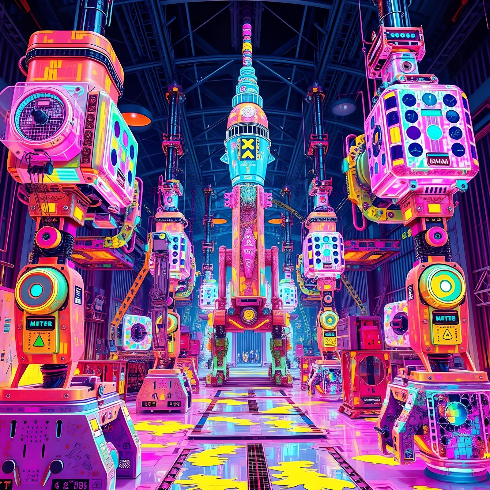 Hyperrealistic Art Factory with Sci-Fi Robots