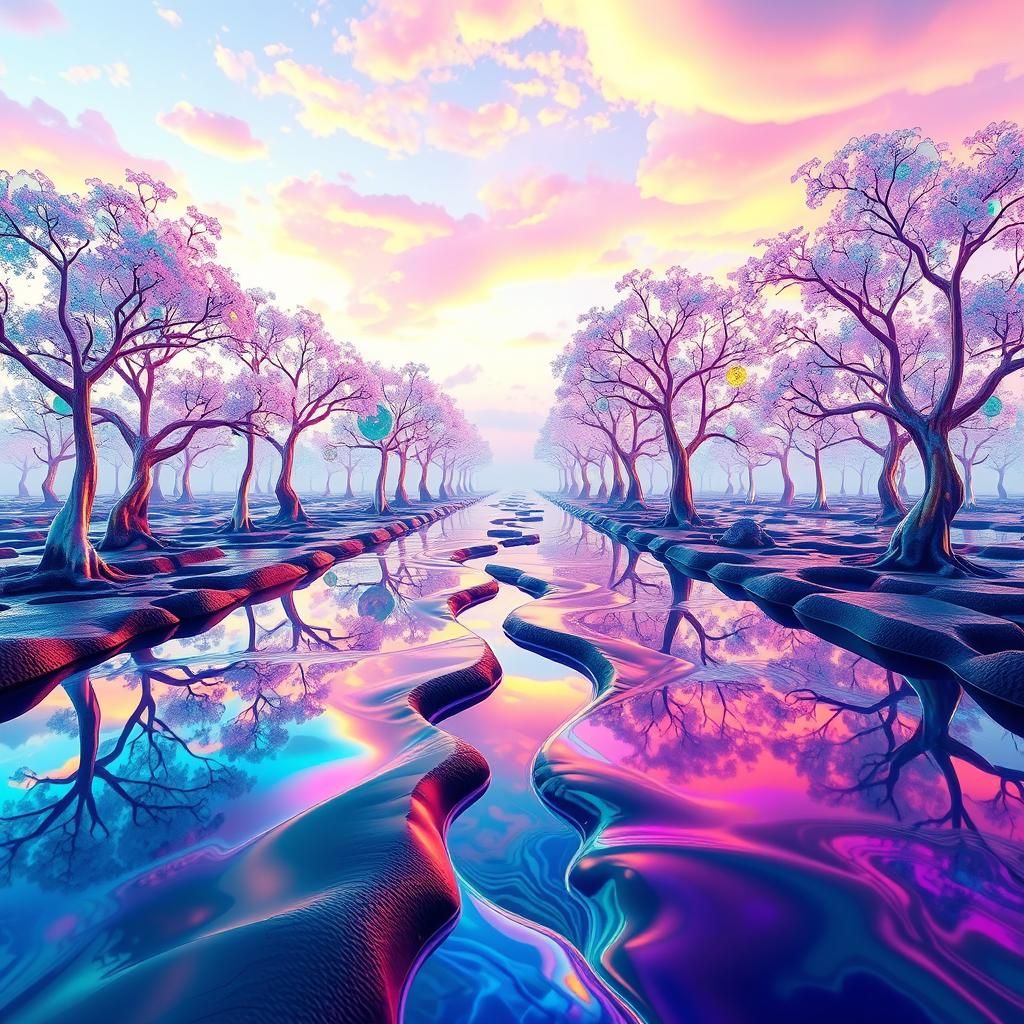 Iridescent Mirror Landscape in Dreamlike Fantasy Art