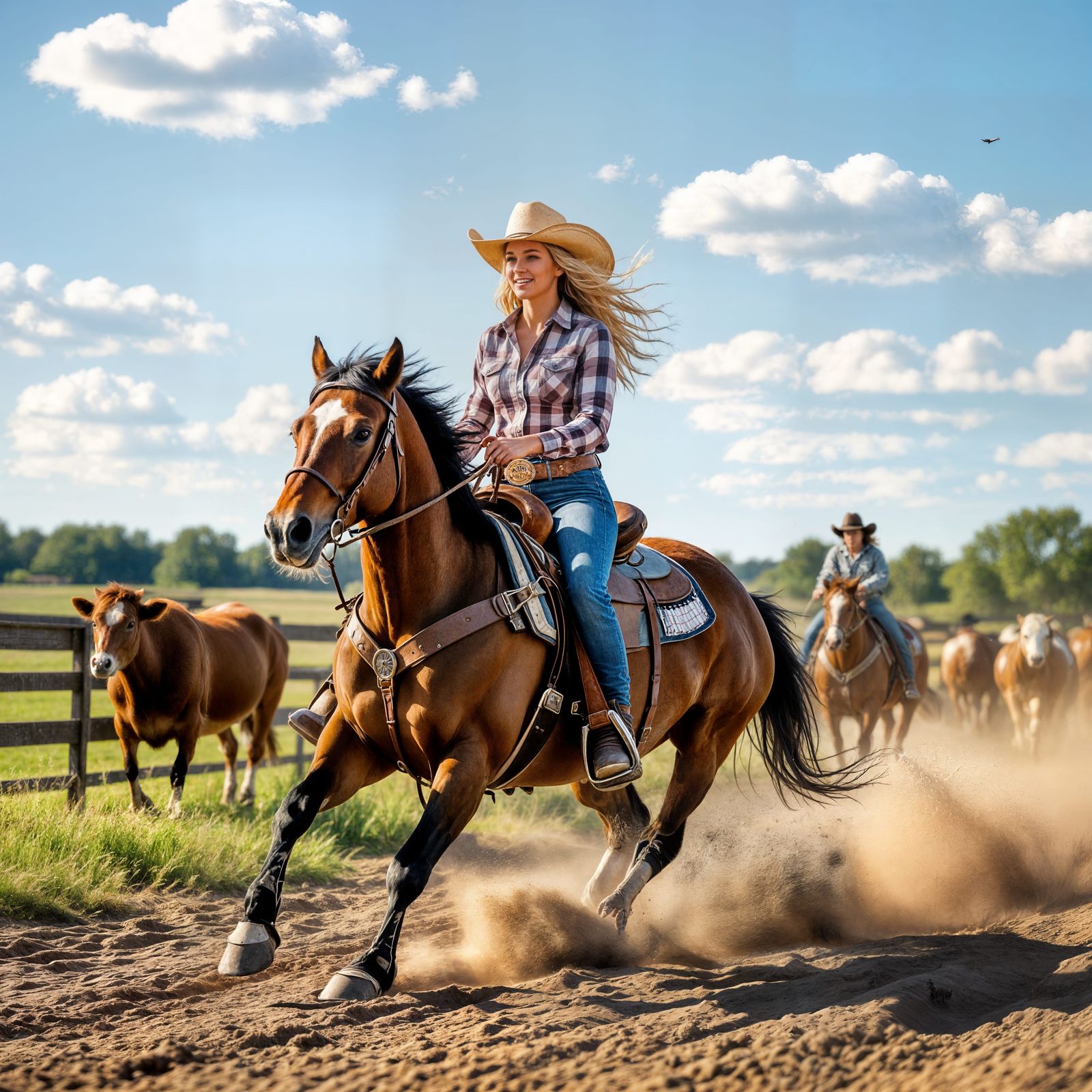 Cowgirl Riding Horse at Speed in Dust Cloud