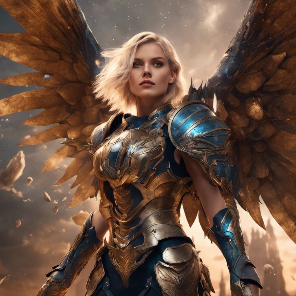 Winged Woman in Armour Before Galaxy: Fantasy Art