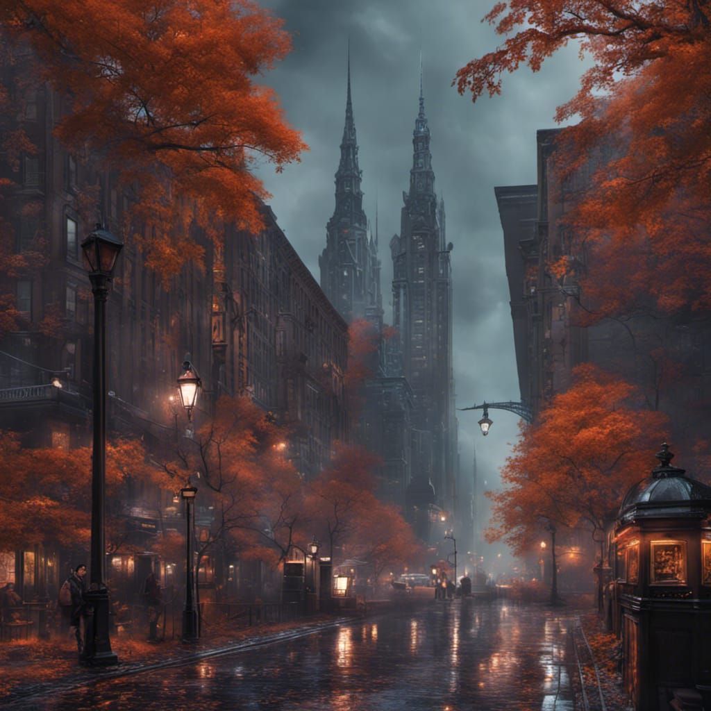 Neon Gothic New York City in Autumn Snow