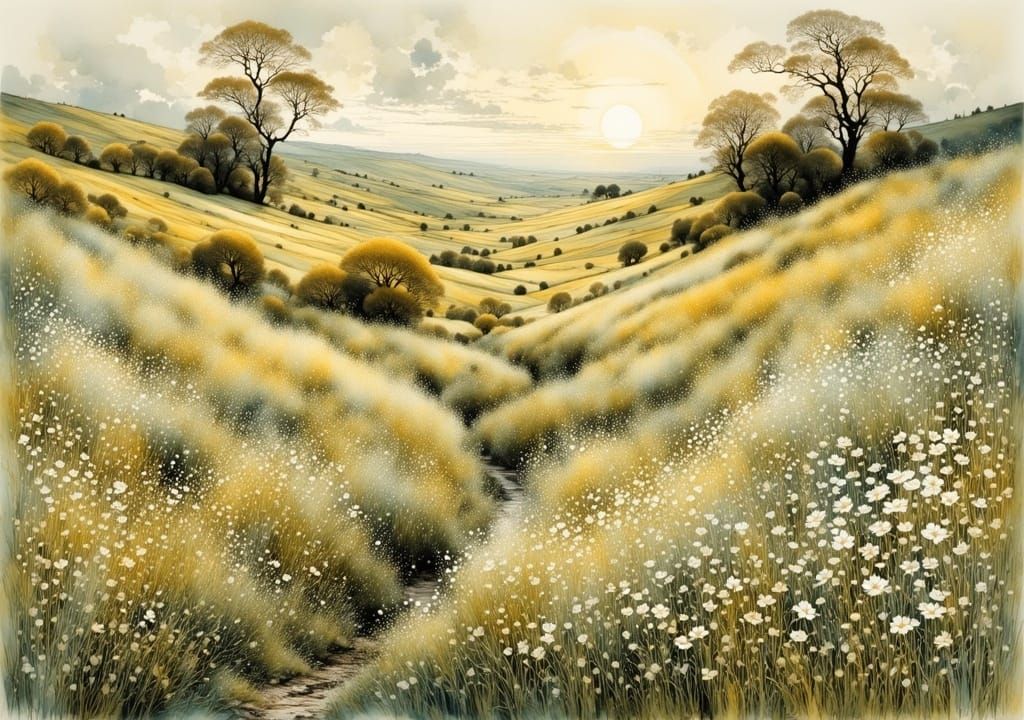 White Flowers Landscape in Watercolor Style