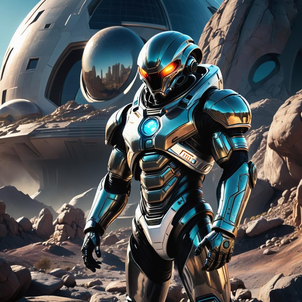 Alien in Spacesuit on Rocky Planet, Sci-Fi Art