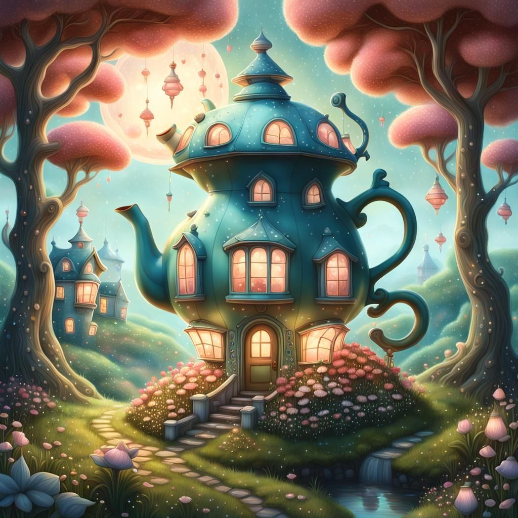 Magical Teapot House in Surreal Digital Illustration