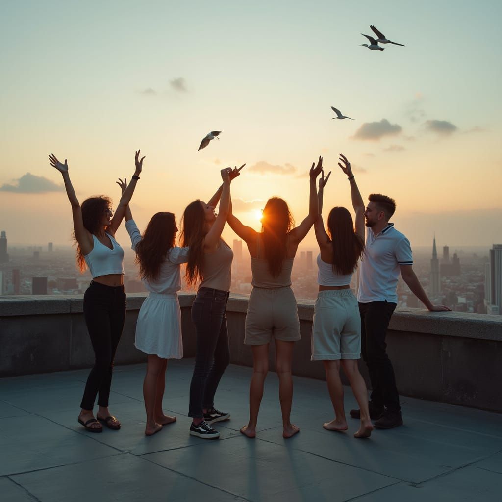 Friends Dancing at Sunset: Impressionistic City View