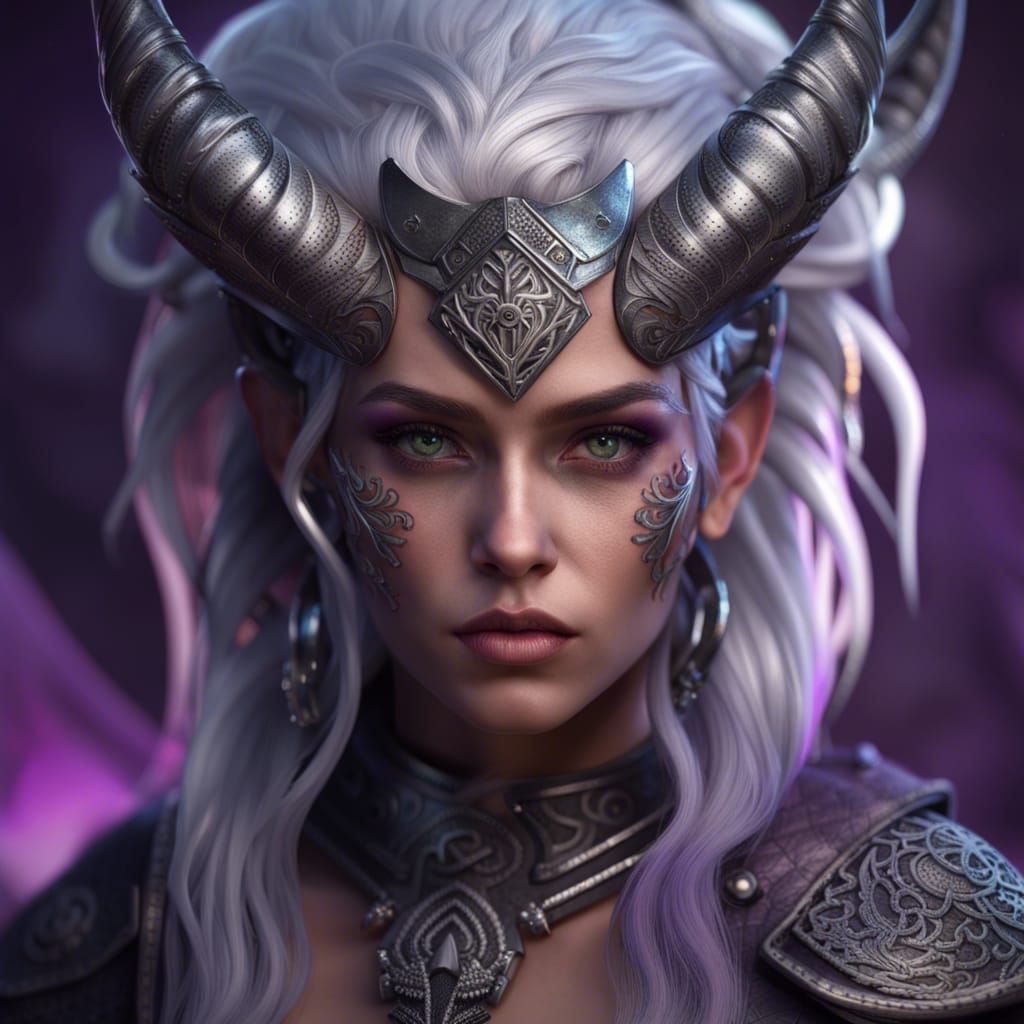 Gorgeous Horned Woman with Druid Tattoos in Armor