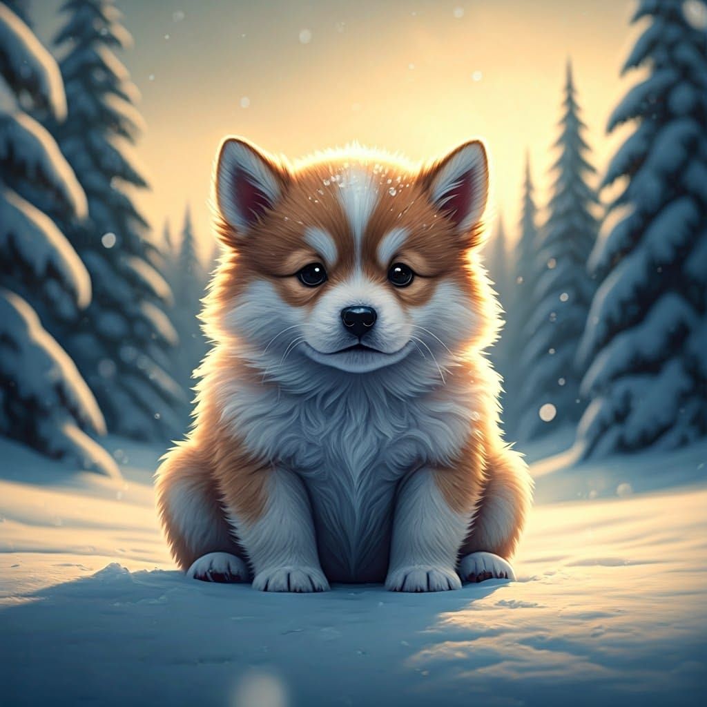 Fluffy Puppy in Winter Wonderland, Fantasy Concept Art