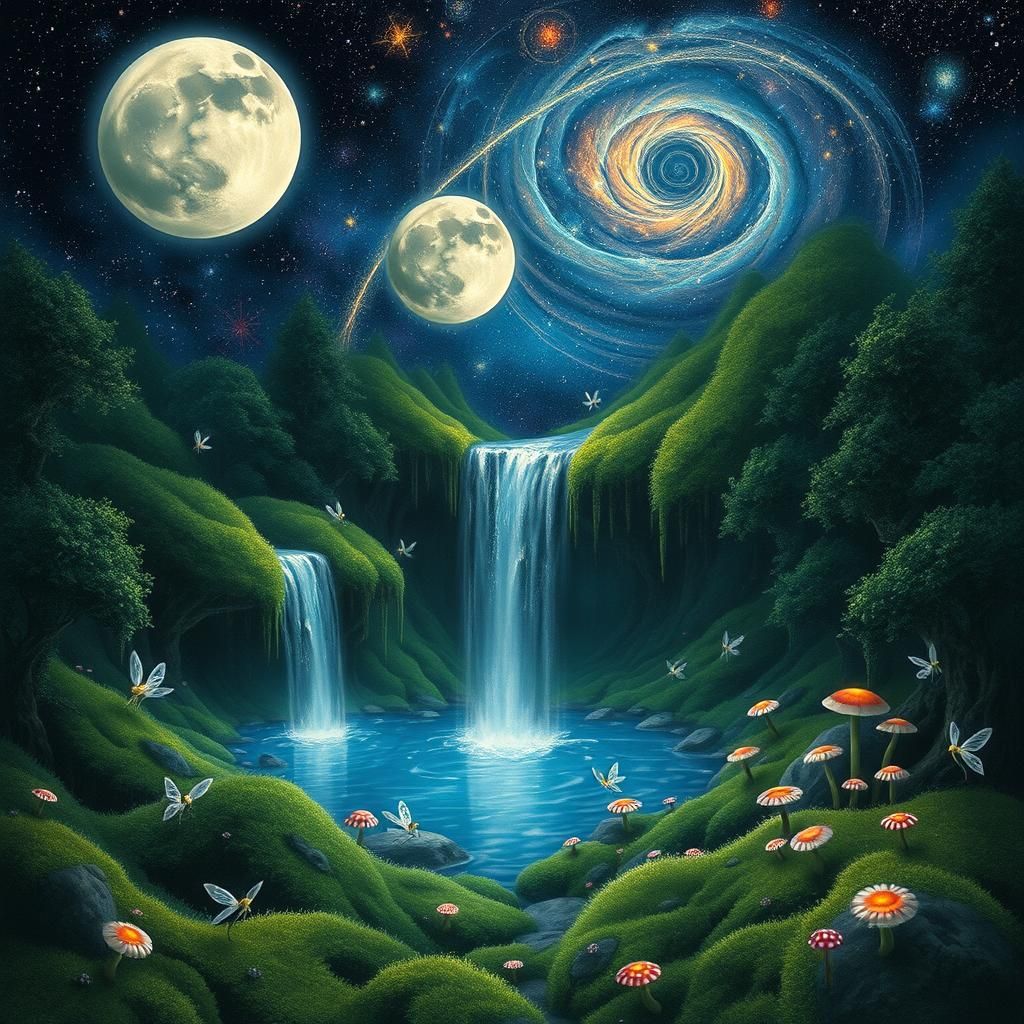 Ethereal Twin Moons Cascade into Crystal Pool