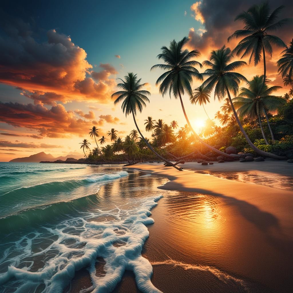Tropical Beach Sunset in Digital Matte Painting