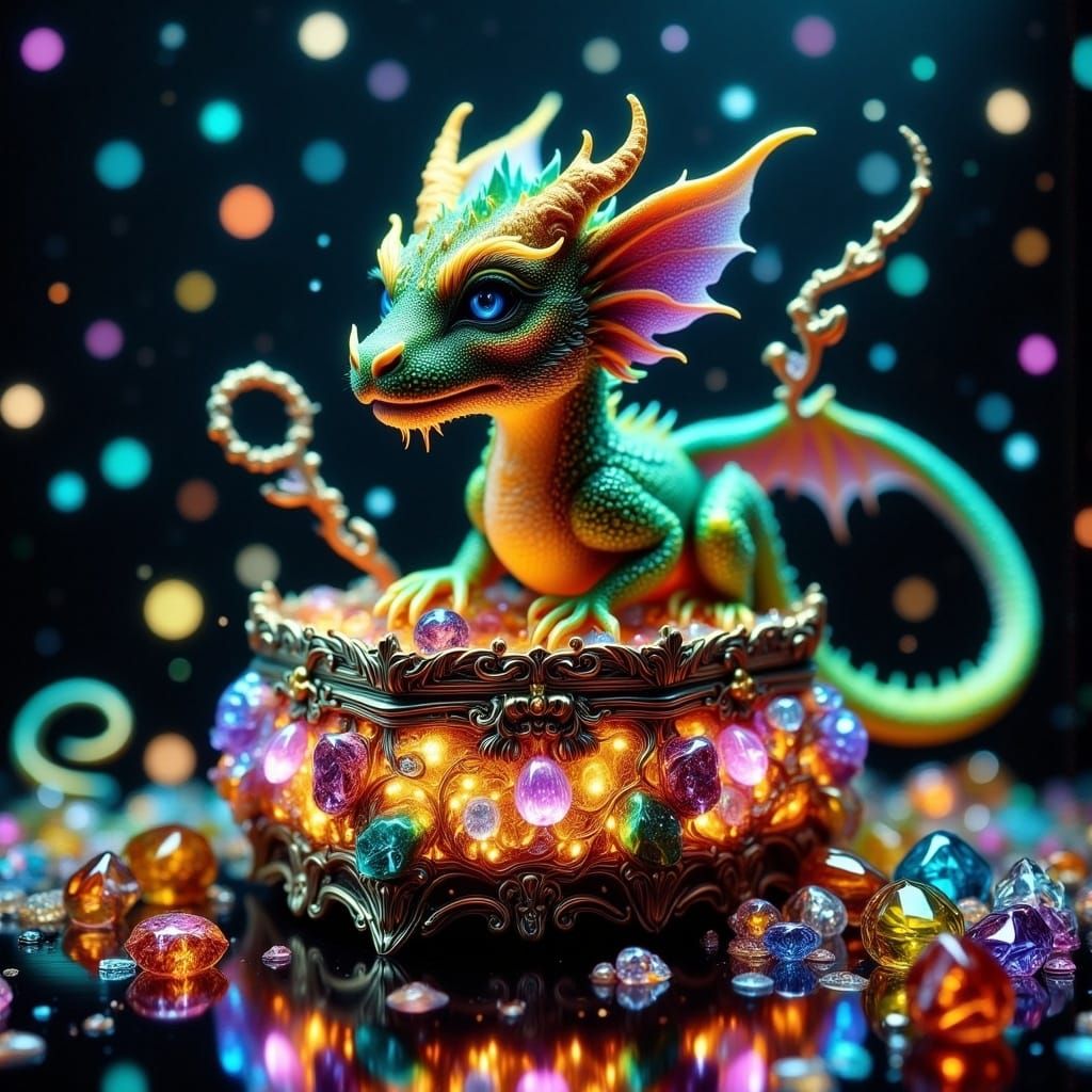 Whimsical Baby Dragon in Ornate Glass Jewelry Box
