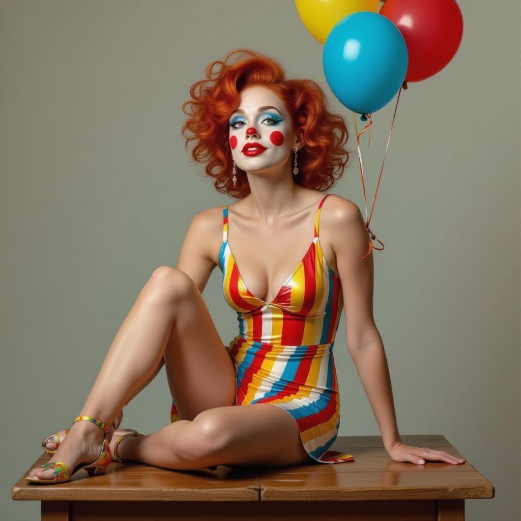 Woman with Red Hair and Clown Makeup Twists Balloon