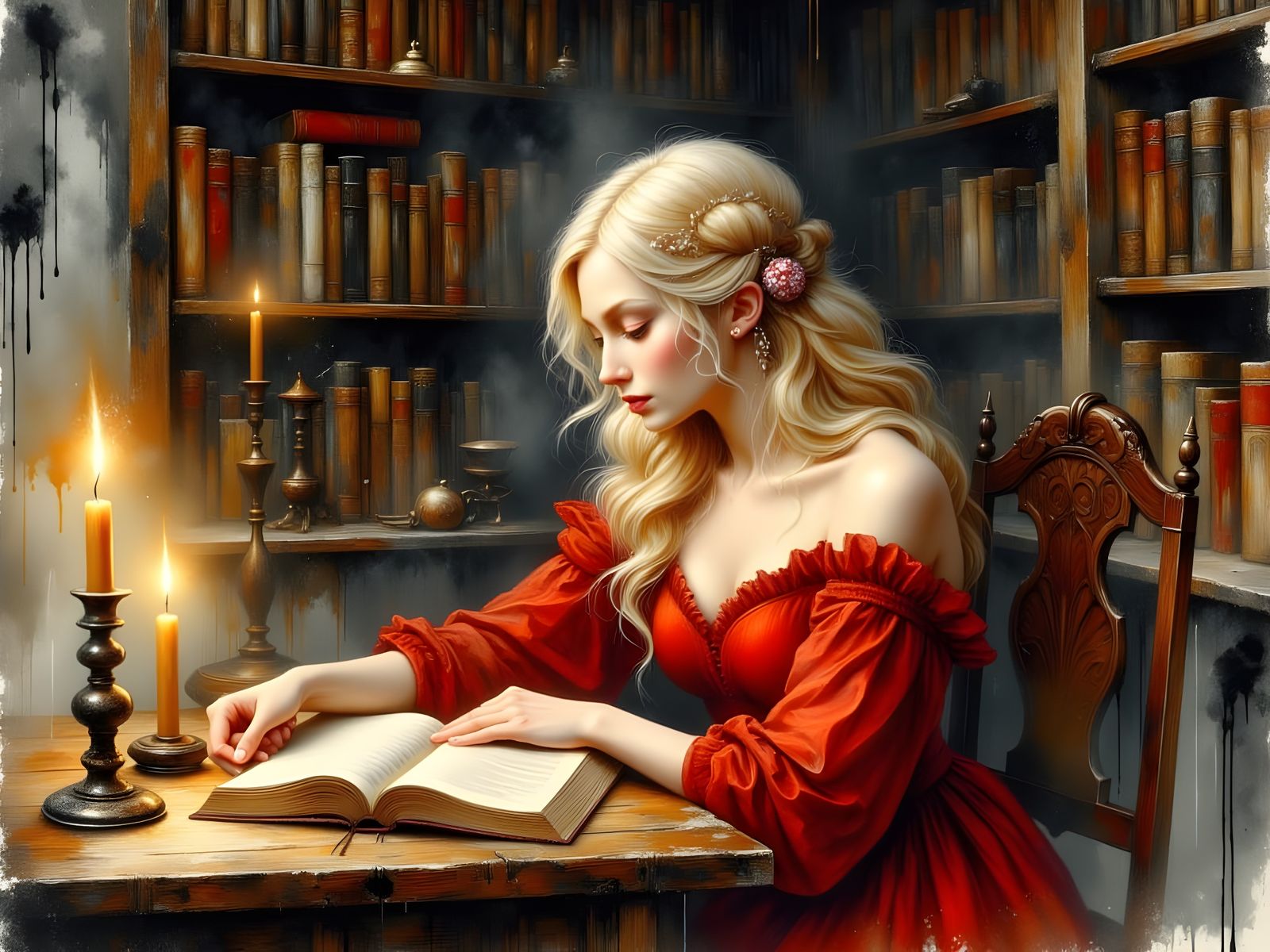 Norse Goddess Reading Tome: Ink and Watercolor