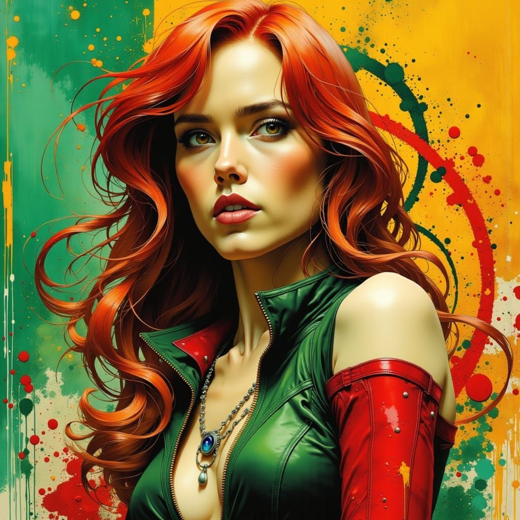 Vibrant Red and Green Female Figure in Motion