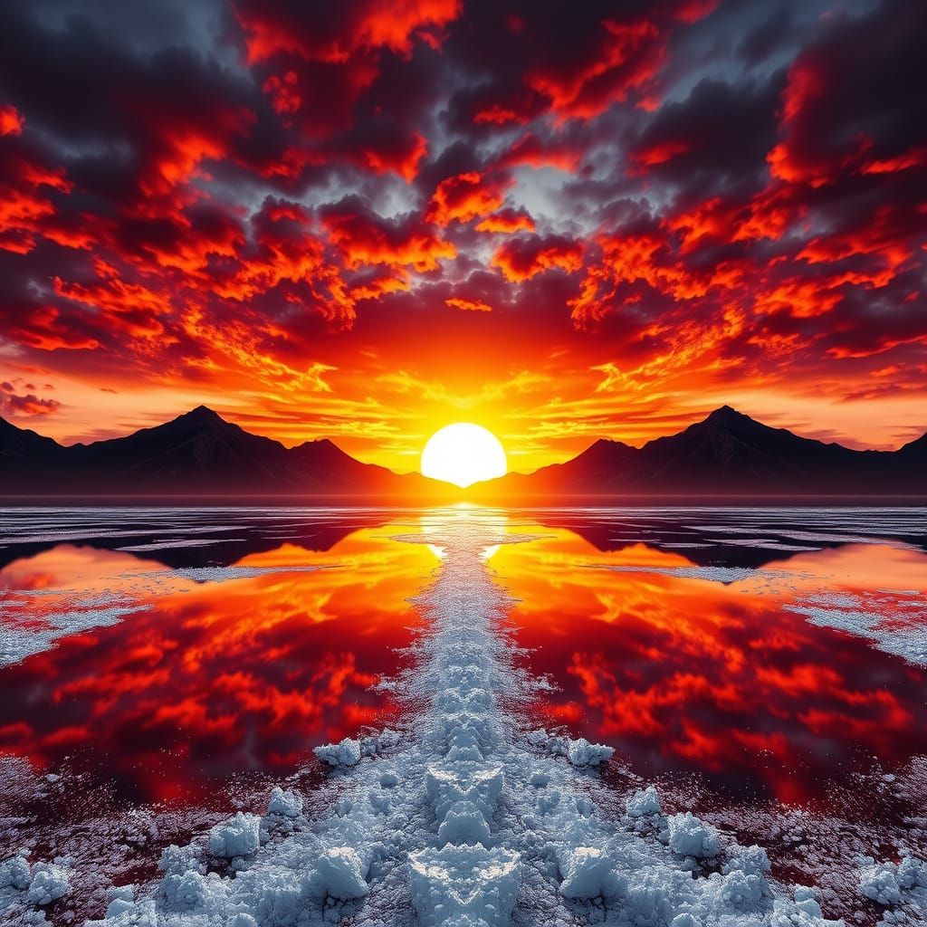 Fiery Sunset Over Mirrored Lake with Jagged Mountains