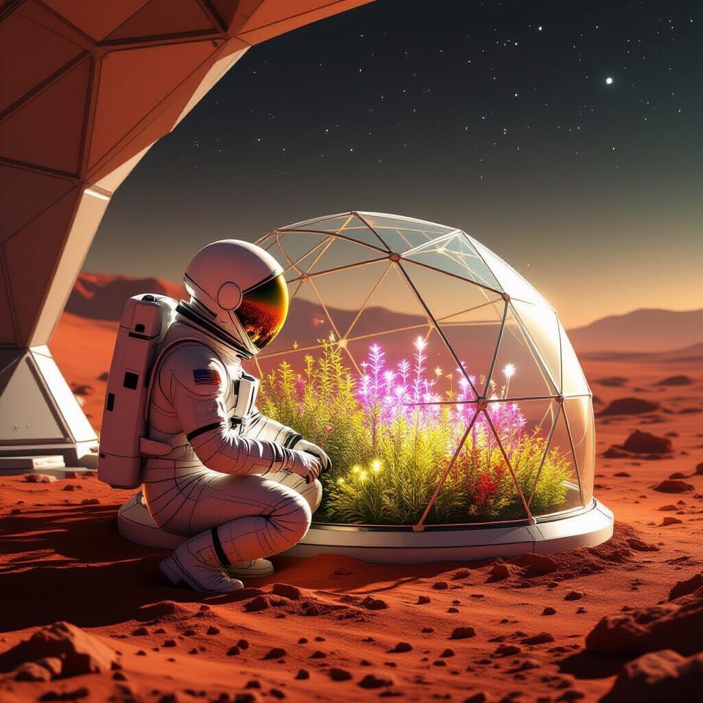 Astronaut Tends Bioluminescent Garden on Mars