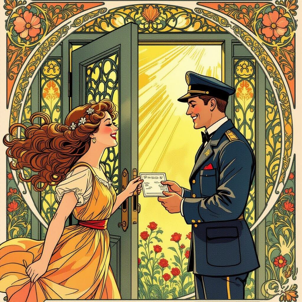 Art Nouveau Comic: Woman Greets Postman with Postcard