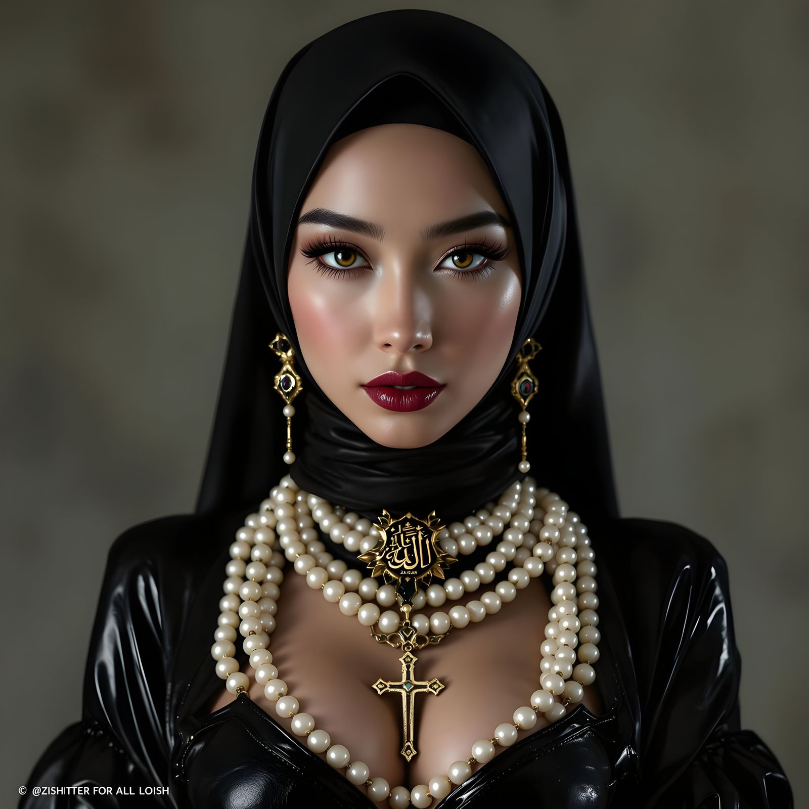 Latex Hijab with Pearl Body Chain and Mixed Jewelry