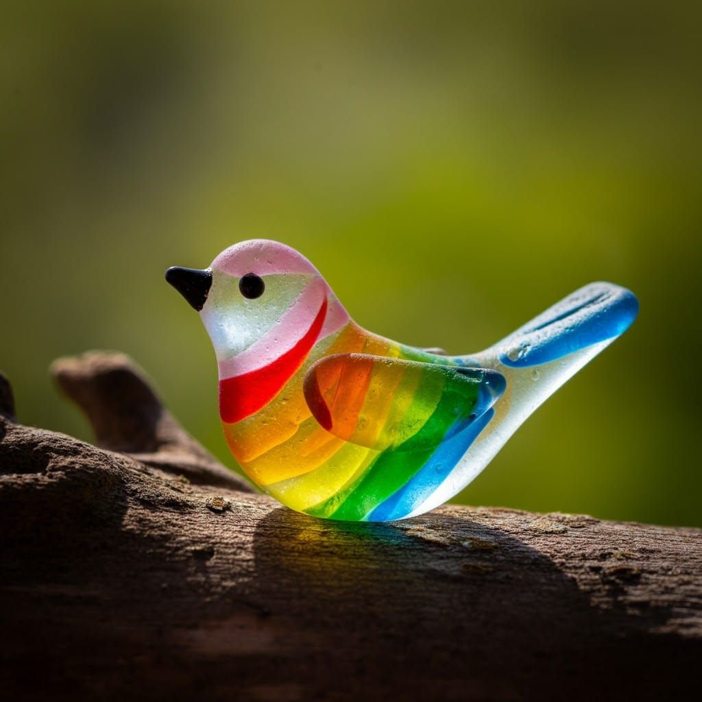 Handcrafted Sea Glass Rainbow Birds Toy in Ethereal Setting