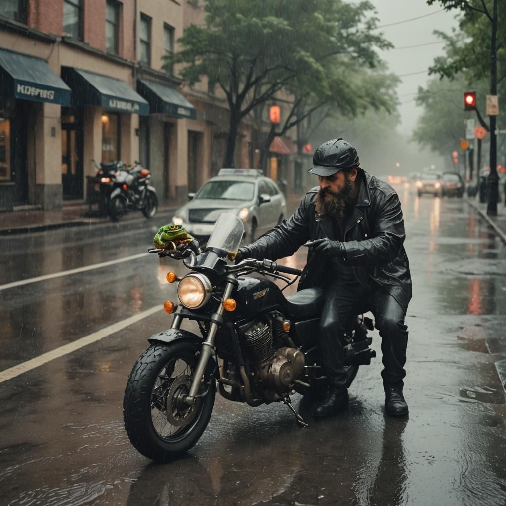 Biker's Rainy Rescue: A Cinematic Street Scene