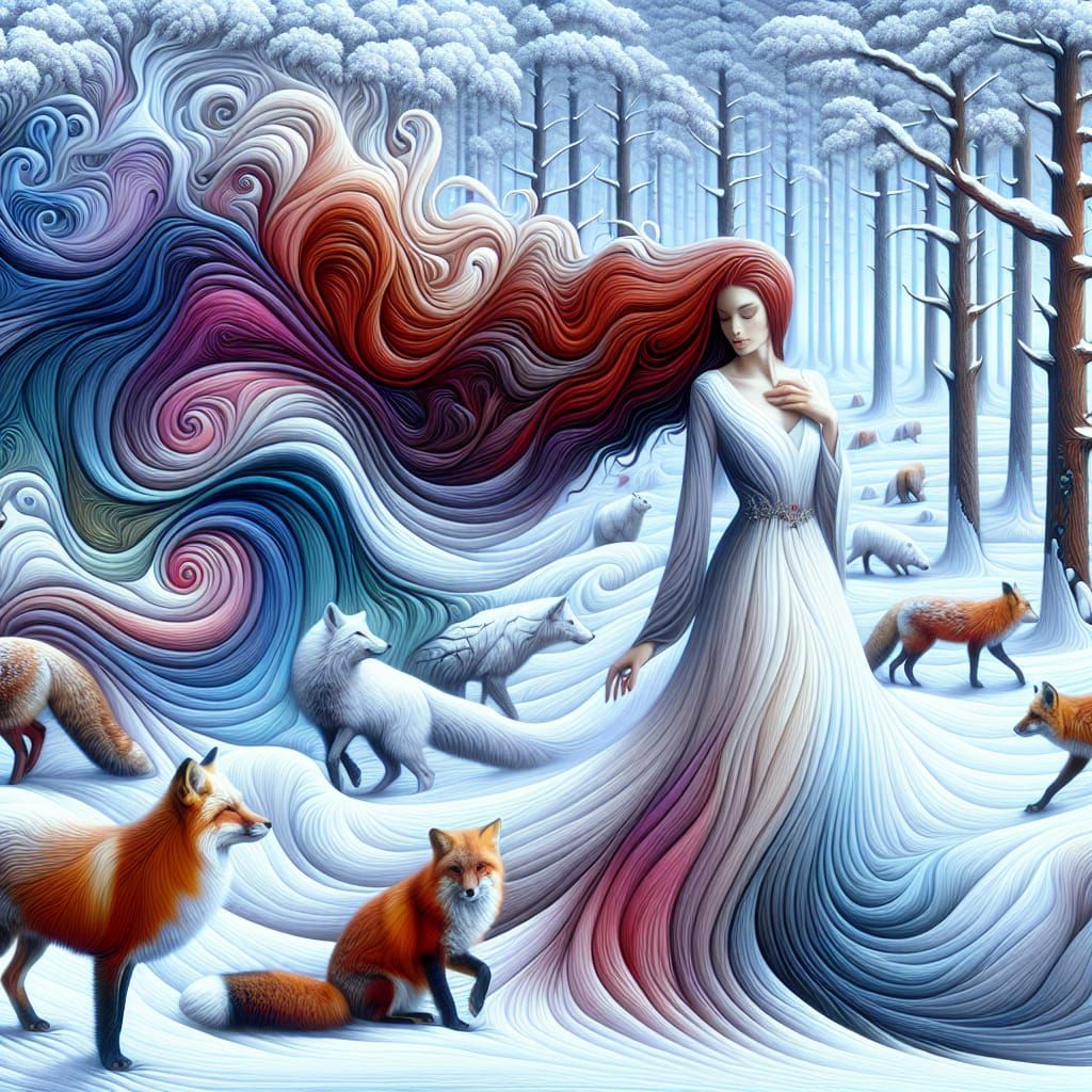 Ethereal Red-Haired Woman in Snowy Forest Landscape with Liq...