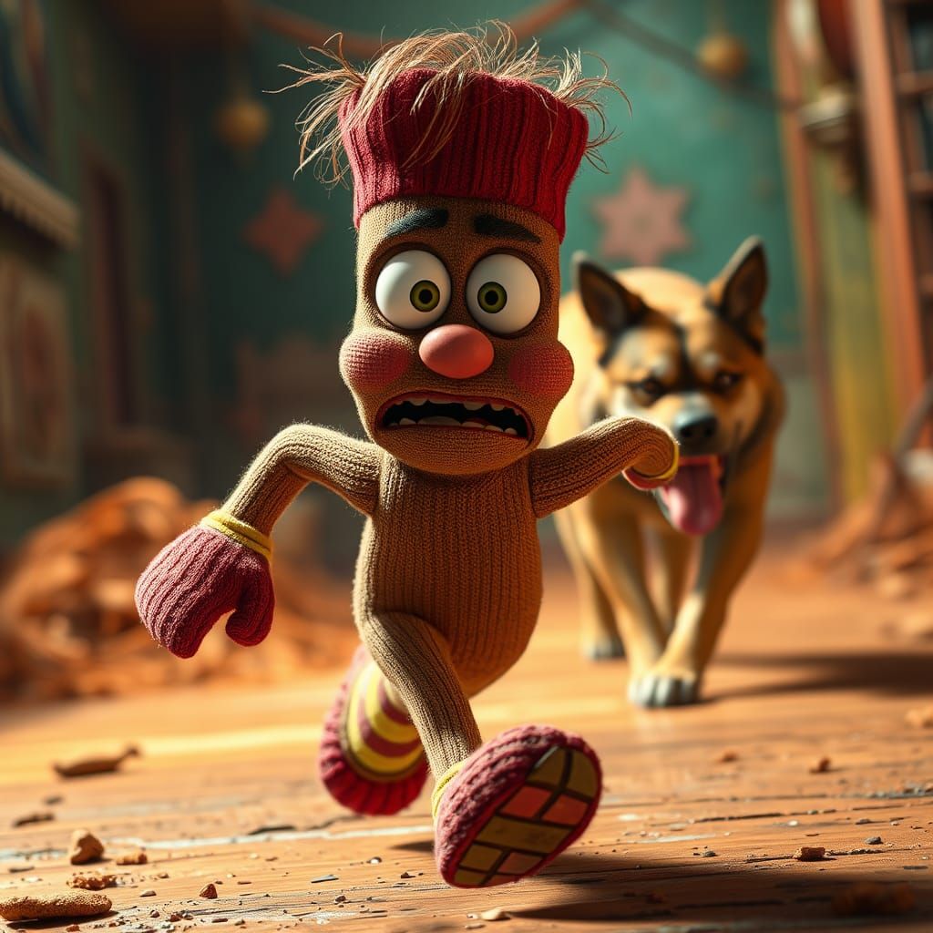 Animated Sock Runs From Dog in Hyperrealistic Style