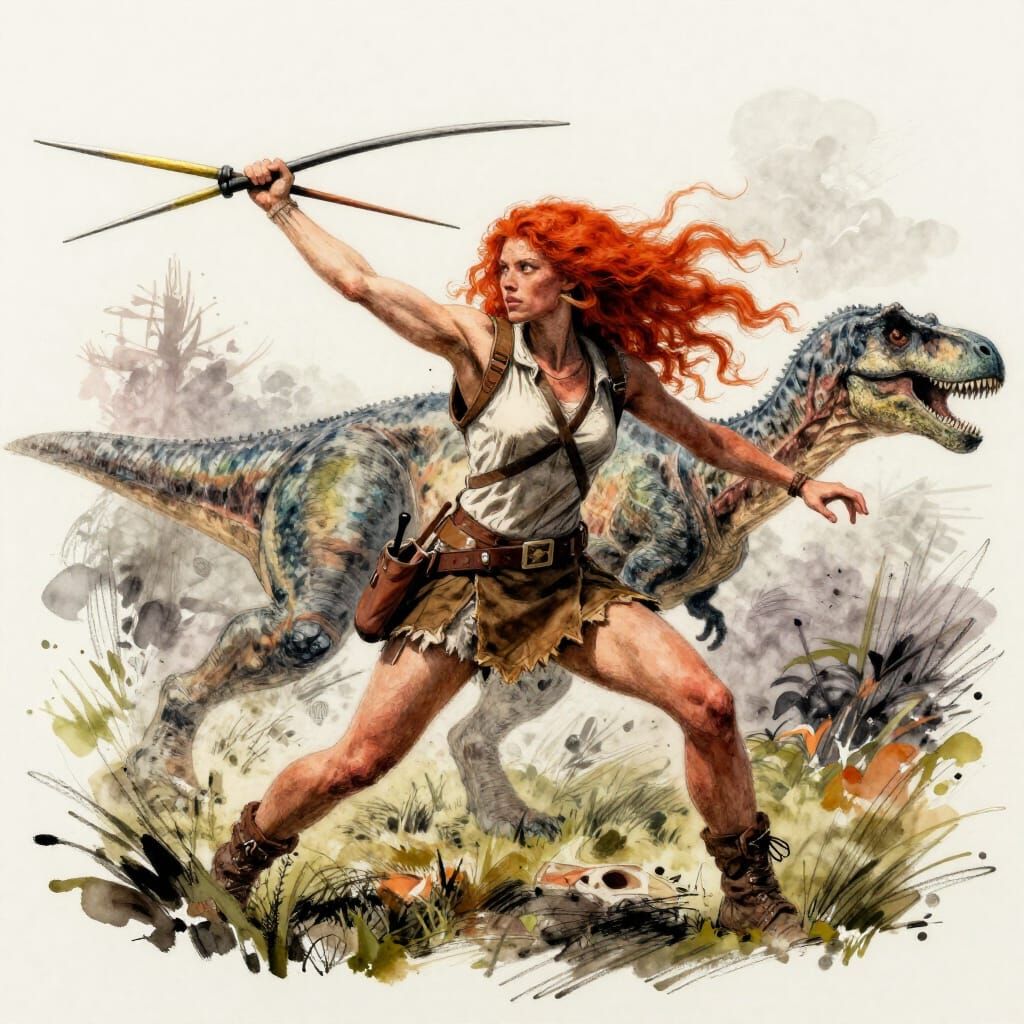 Cave Woman Hurls Spear at Dinosaur in Watercolour Sketch
