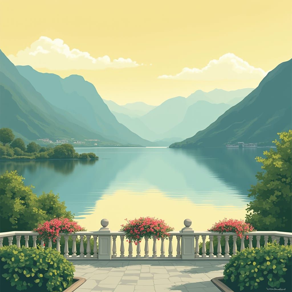 Pastel Hues Lake Como Landscape in Art Deco Style