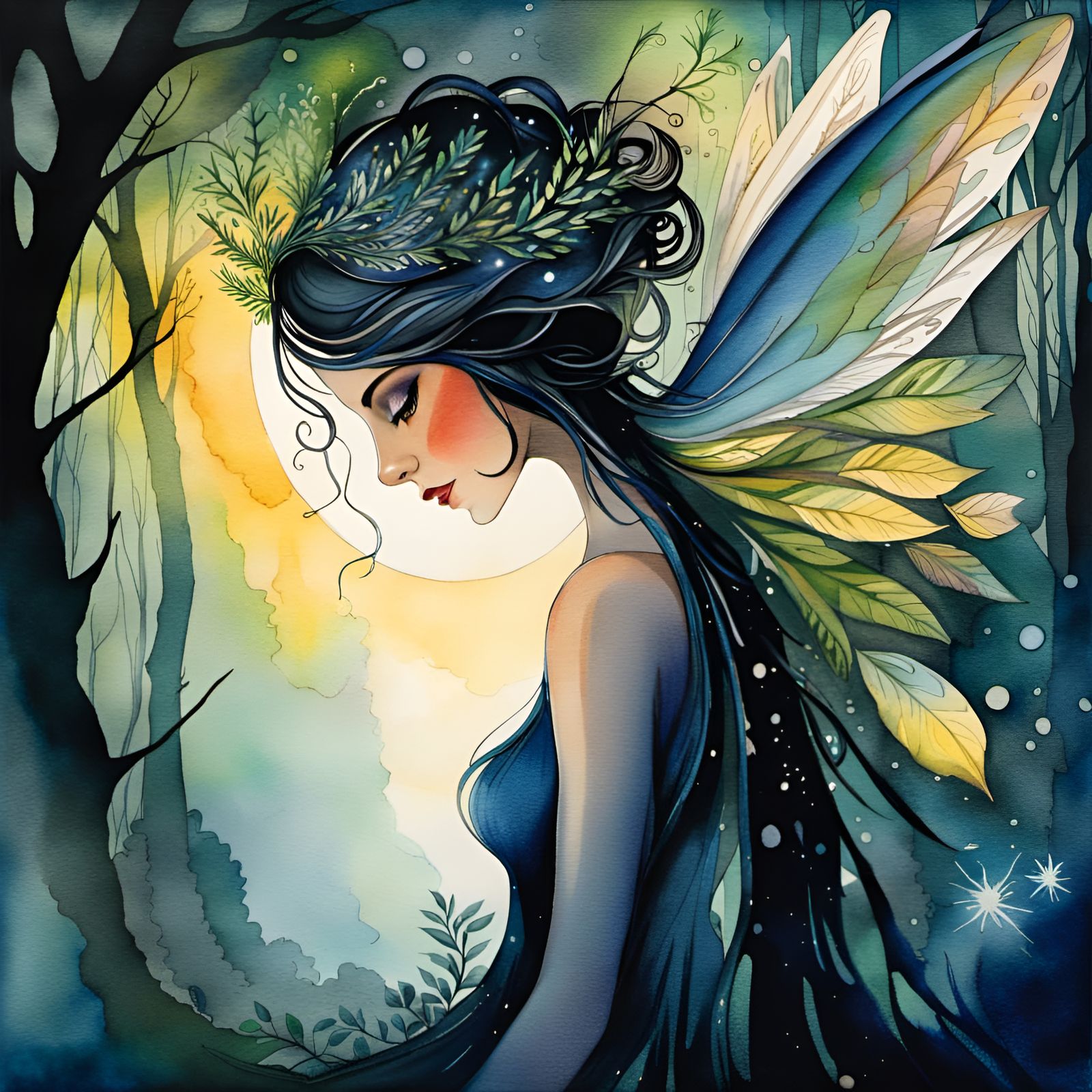 Winged Girl in Mystical Forest as Watercolor Painting