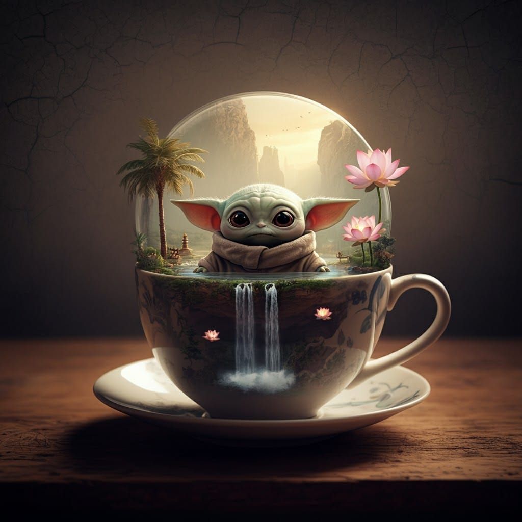 Grogu Spirit in Cup Oasis: Surreal Microworld