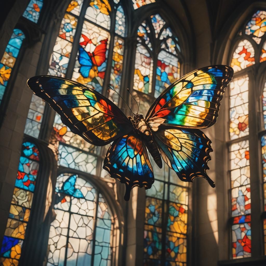 Butterfly with Stained Glass Wings in Sunlight