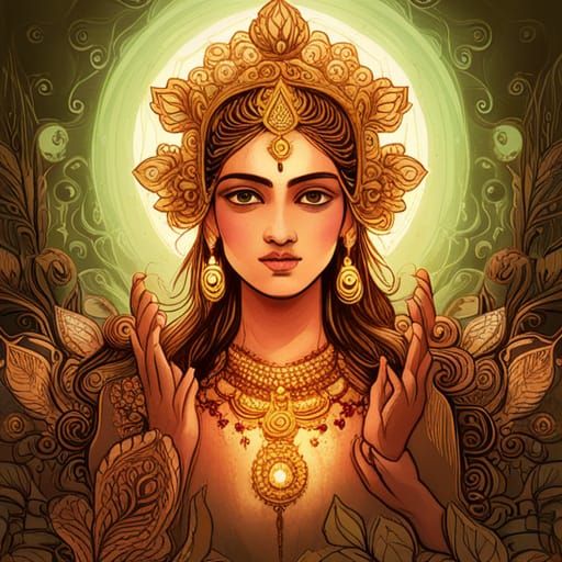 Goddess Lakshmi with Golden Outlines: Digital Art