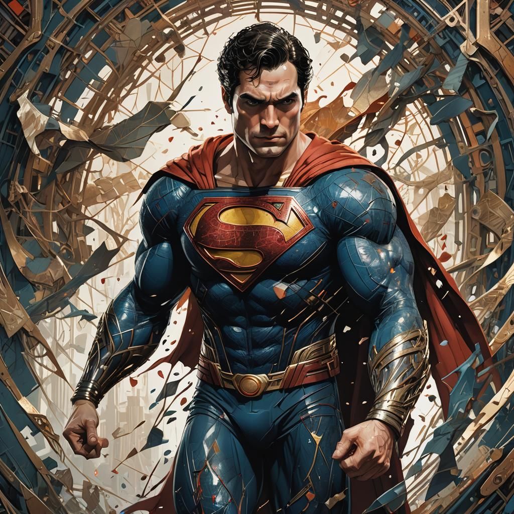 Superman (Henry Cavil), highly detailed, dynamic pose, intricate motifs, organic tracery, perfect composition, digital p...