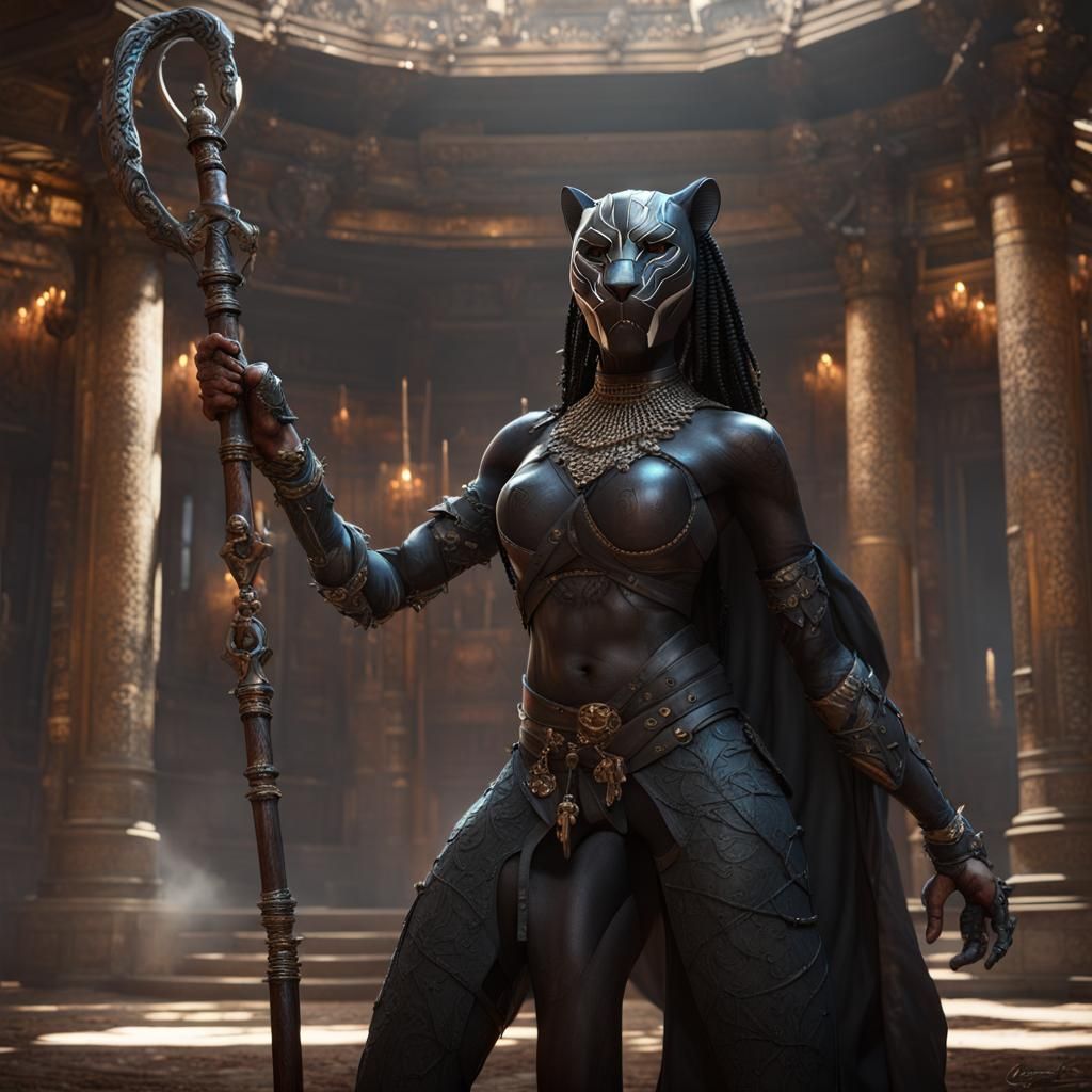 Black Panther Hybrid in Temple, Dark Fantasy Art