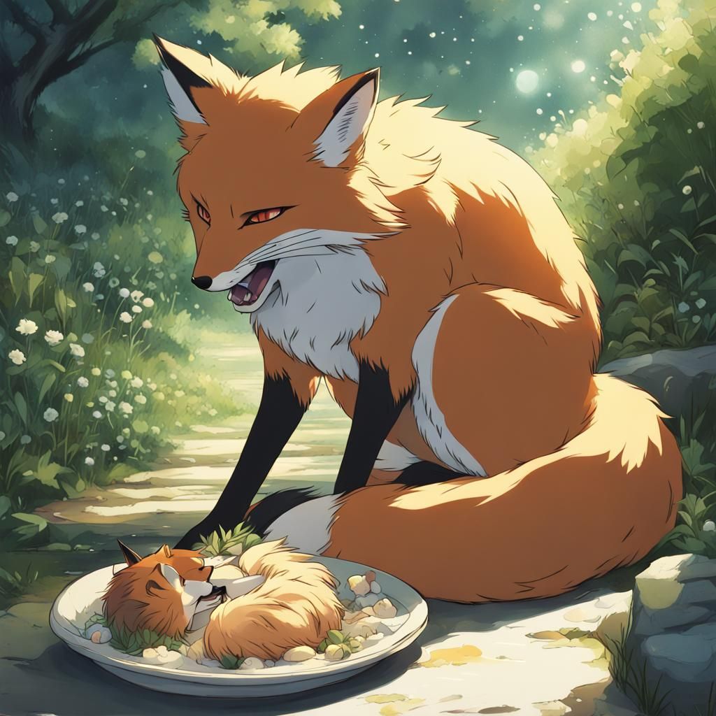 Fox Eating Cats in Anime Style