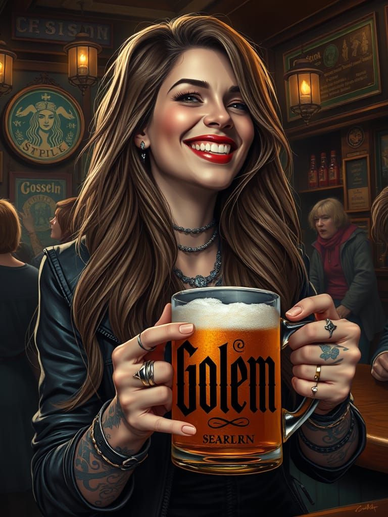 Laughing Woman with Tattoos in Gothic Punk Pub