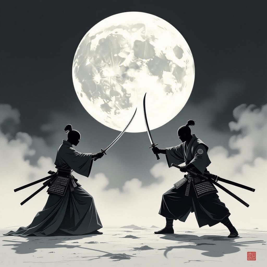 Samurai Battle Under Crescent Moon in Monochromatic Style