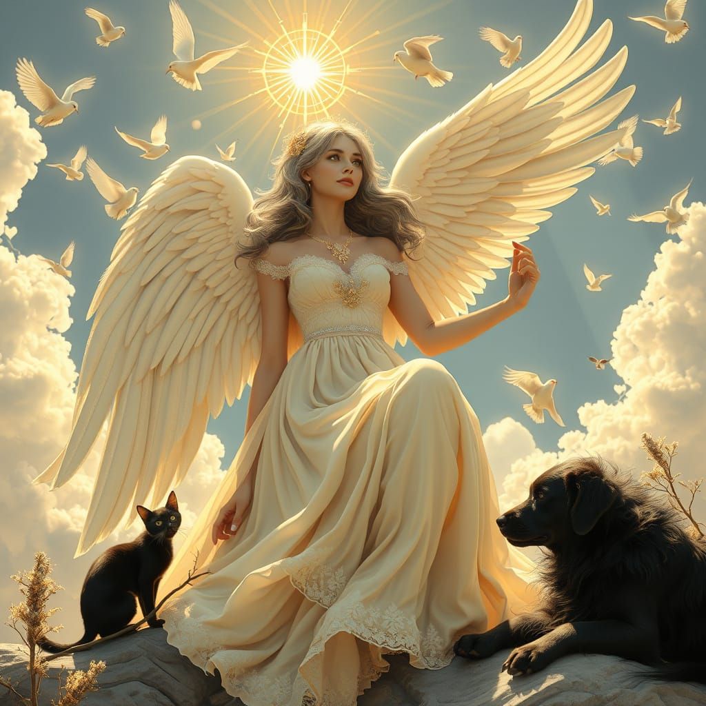 Ethereal Angel of Long Hair and White Wings in Heavenly Clou...
