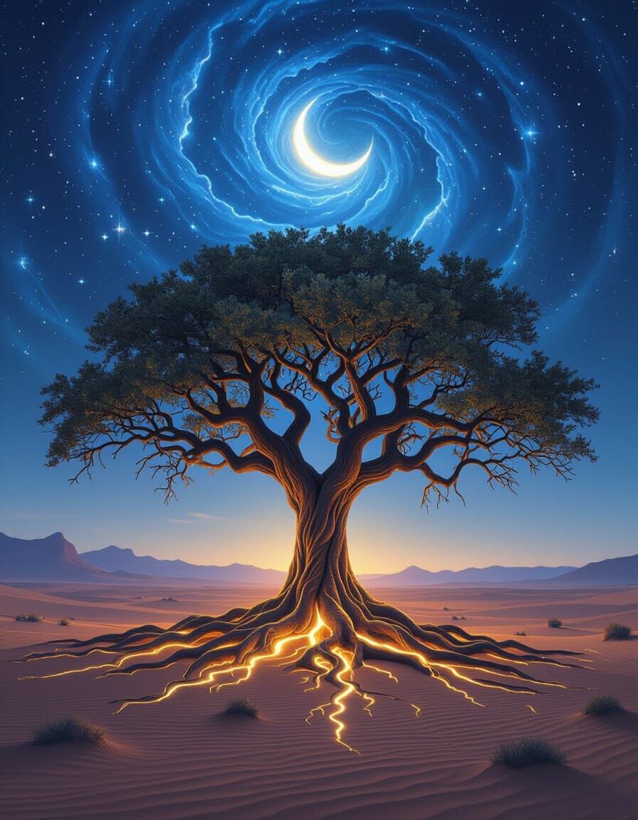 Ancient Tree with Glowing Roots in Starlit Desert
