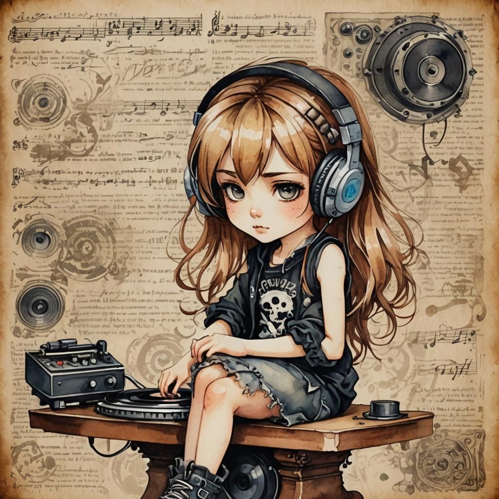 Punk Rock Chibi Girl at Turntable in Watercolor